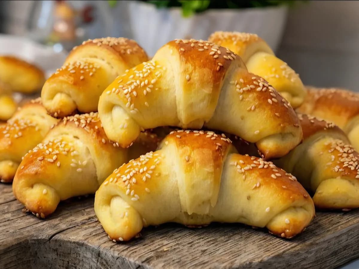 Гомила свеже печених кифлица, златно печених.