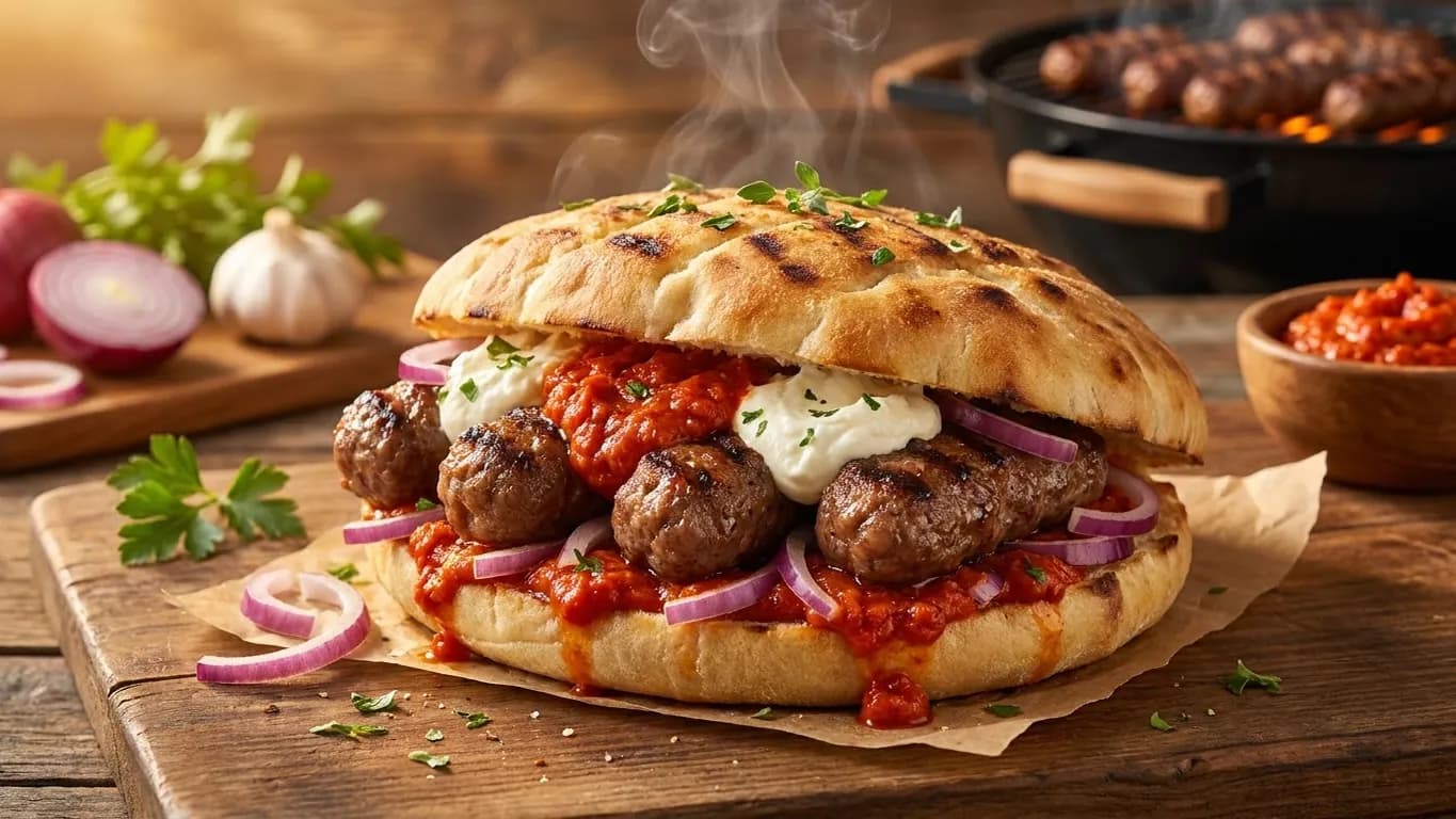 Ćevapi tucked into a split lepinja flatbread with spreads and sliced red onion, with more ćevapi grilling behind.