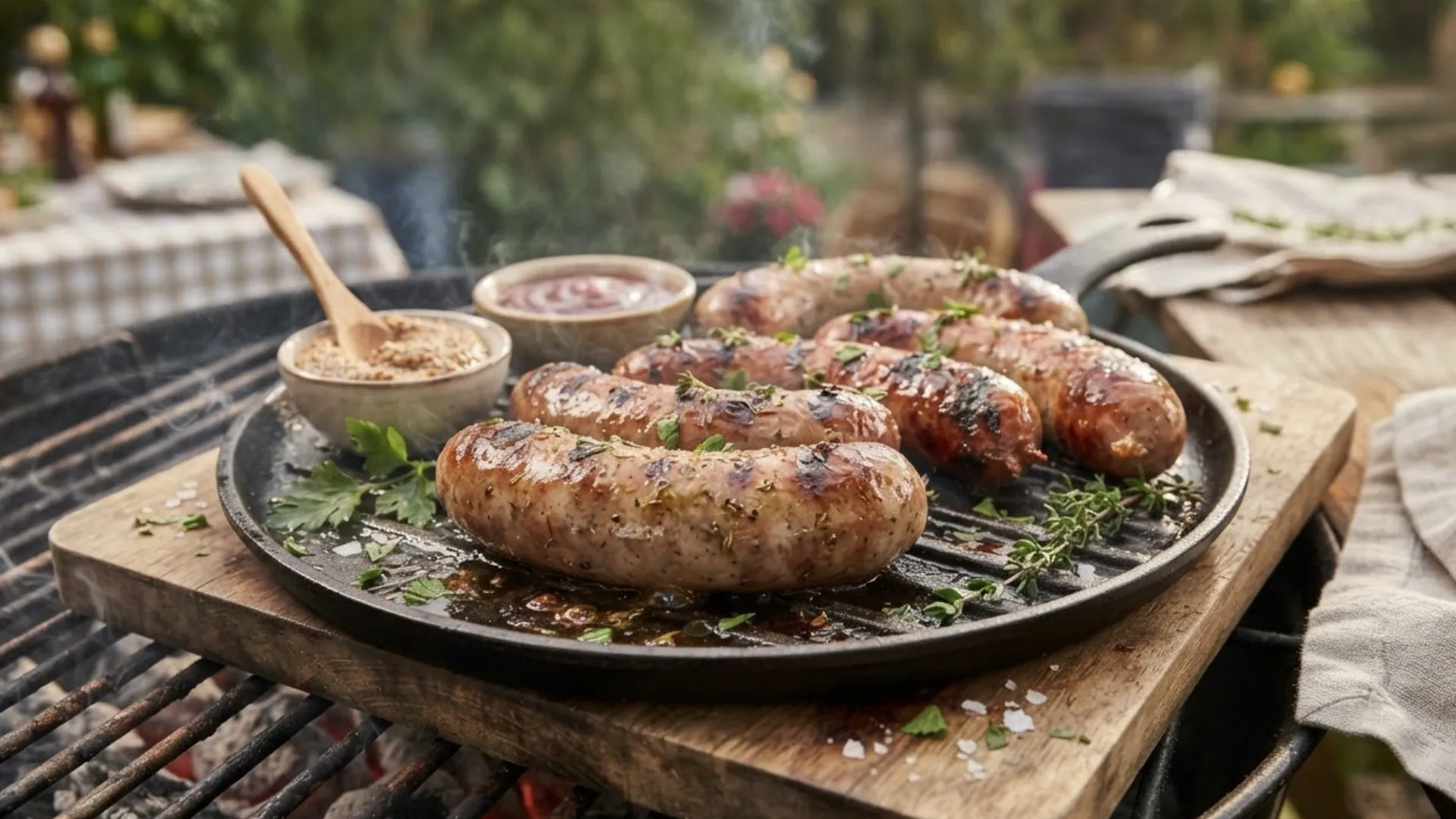 Grilled sausages in a cast-iron pan set over an outdoor charcoal grill, with small bowls alongside.