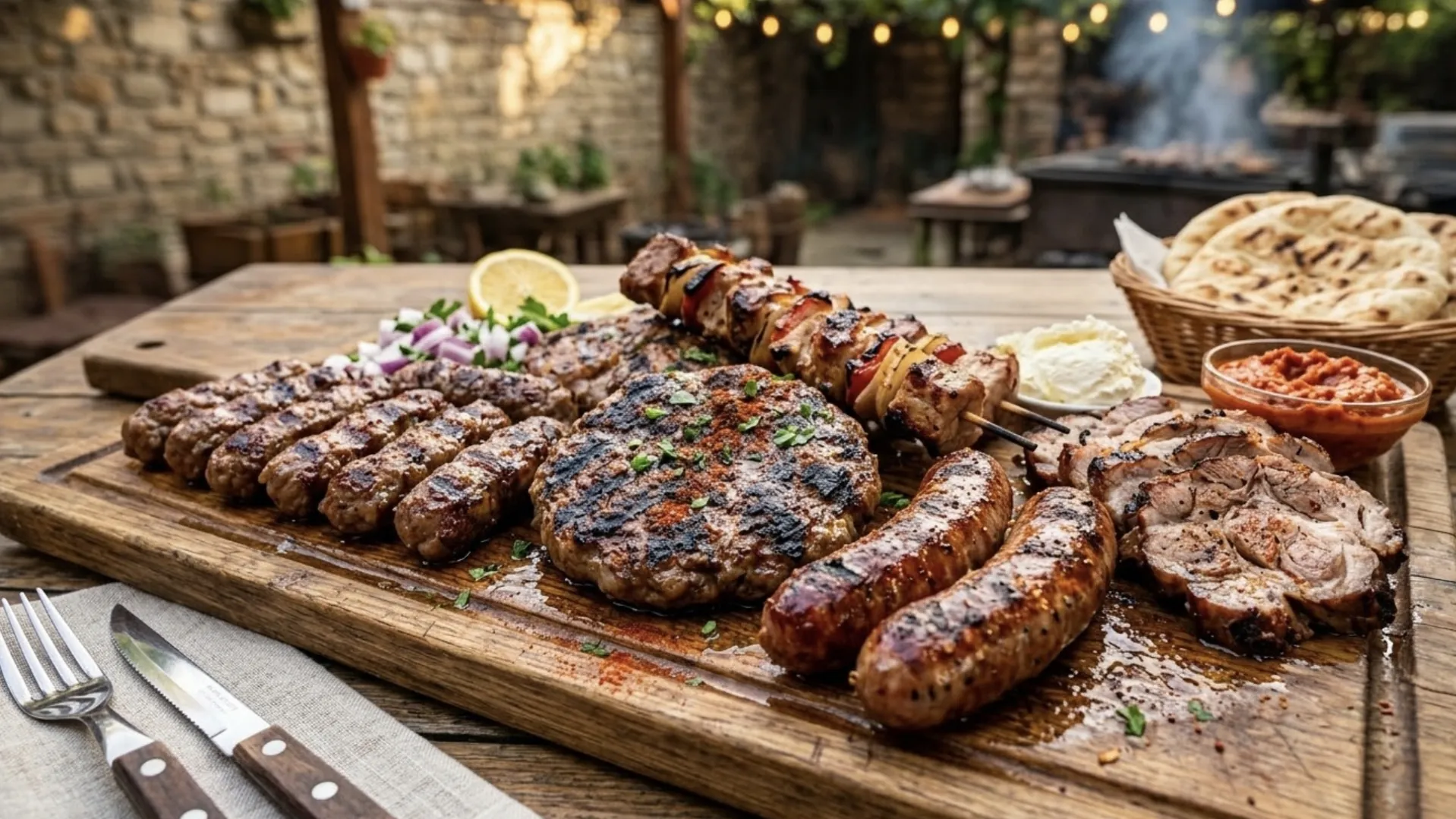 A long wooden board of mixed grilled meats on an outdoor table, with a basket of flatbread and string lights overhead.