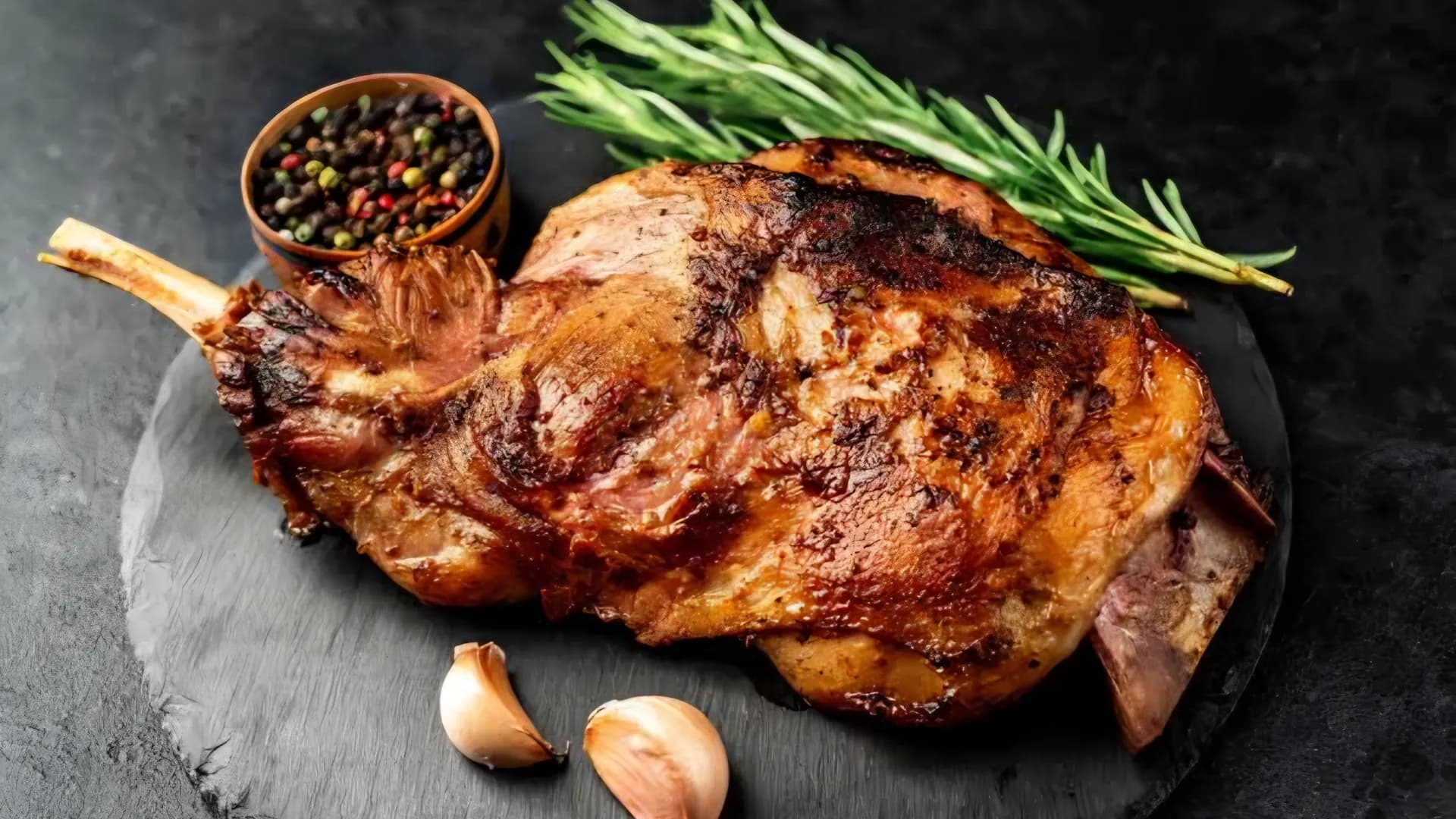 A roast joint with crisp browned crackling, resting on a dark slate board with rosemary and garlic.