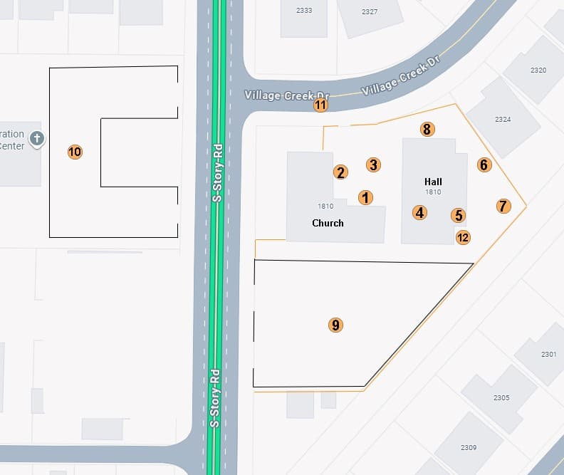 Site plan of Holy Three Hierarchs Serbian Orthodox Church at 1810 S Story Rd, showing Church and Hall buildings, parking areas, and numbered festival locations.
